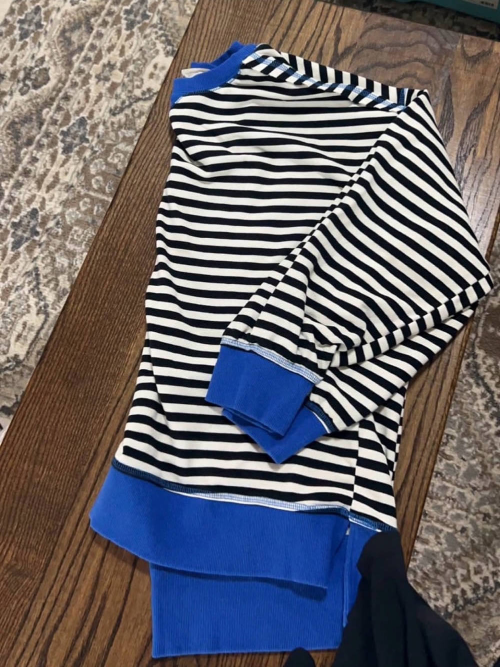 Striped Black & White Crewneck with Royal Blue Trim